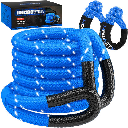 Kinetic Recovery Tow Rope - 1.26" x30FT 55000LBS Reflective Heavy Duty Snatch Strap Kit with Soft Shackles for Offroad Pulling Truck SUV UTV ATV Car Jeep - Blue