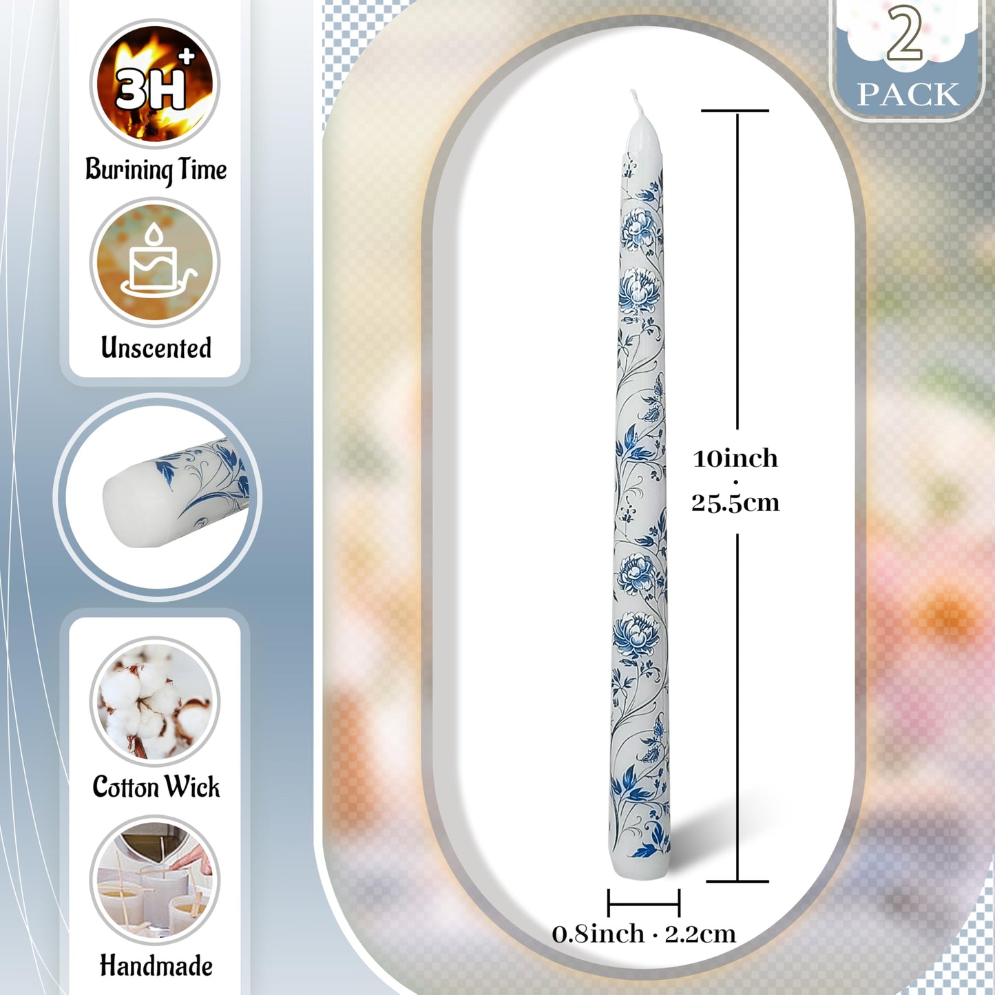 FLAMMUL Blue Floral Taper Candles Set of 2 – 10 Inch Decorative Printed Candlesticks, Smokeless Handmade Tapered Candles for Wedding Table Centerpiece, Dinner, Holiday Home Decor