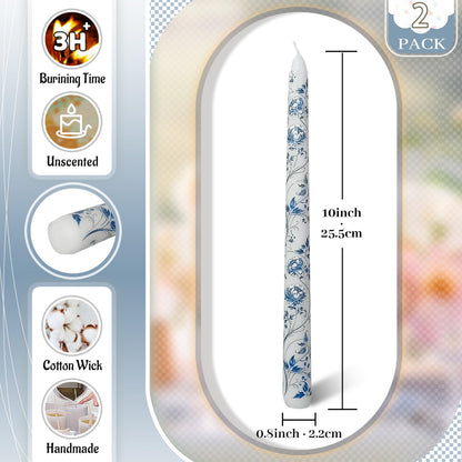 FLAMMUL Blue Floral Taper Candles Set of 2 – 10 Inch Decorative Printed Candlesticks, Smokeless Handmade Tapered Candles for Wedding Table Centerpiece, Dinner, Holiday Home Decor