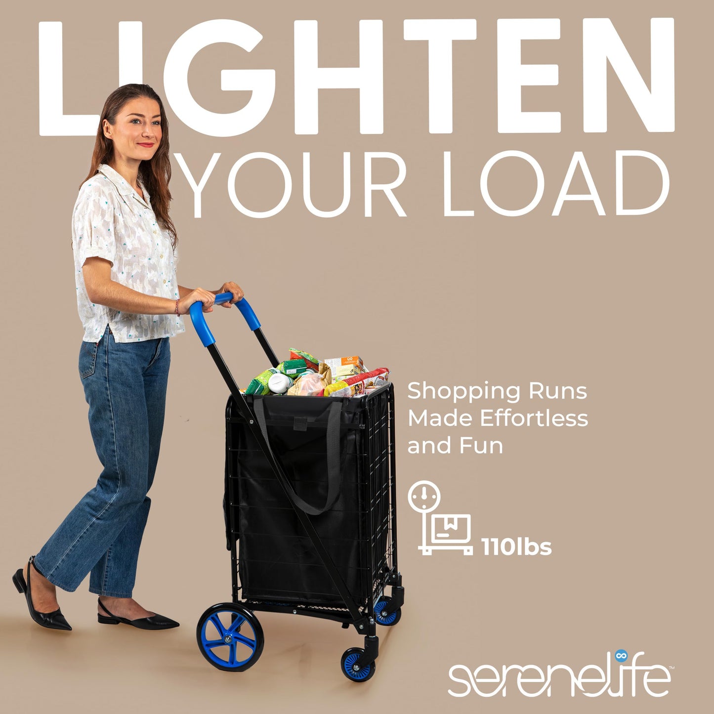 SereneLife Large Foldable Shopping Cart, 19" x 22.7" x 41" Collapsible Grocery Cart with 360° Swivel Wheels, Removable Weatherproof Liner, 110 lbs. Capacity, Convenient and Portable (Blue)