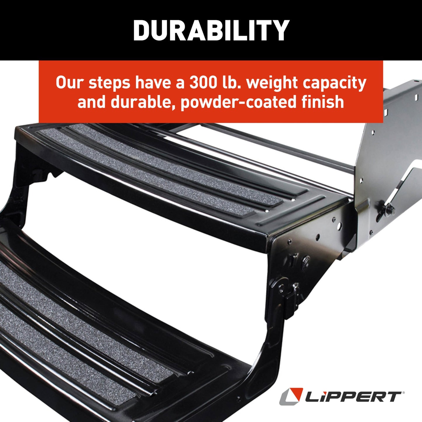 Lippert Radius 24" Double Manual RV Step Assembly, 8" Rise, 300 lbs. Anti-Slip Steps, Compact One-Hand Expand or Collapse, Black Powder Coat, Travel Trailers, 5th Wheels, Campers - 432682