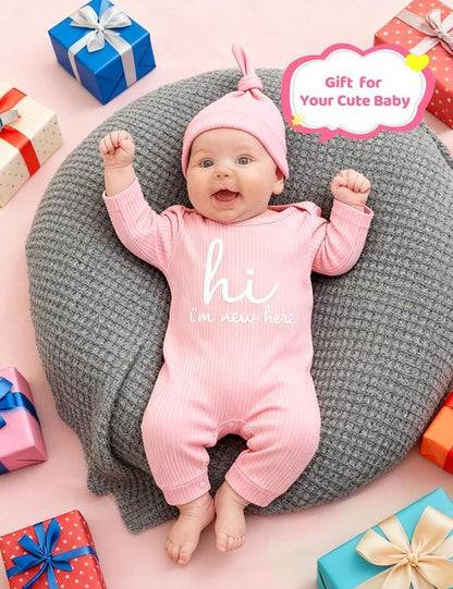 Babymine Newborn Unisex Baby Clothes - Long Sleeve Onesie Outfit with Mittens & Hat | 0-3 Months