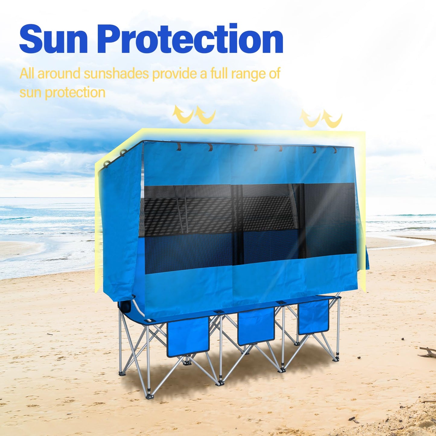 BESTHLS 3 Person Camping Chair with Canopy Shade Oversize Folding Beach Chair with 3 seat for Camp Outdoor Concert Sports（Blue