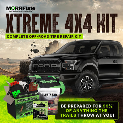 MORRFlate Xtreme 4×4 Tire Repair Kit Complete Off-Road Tire Repair Includes Tool Roll Bag, Tire Plug Kit, GlueTread Sidewall Tire Repair Kit, and Two Colby Valve Permanent Valve Stem Replacements