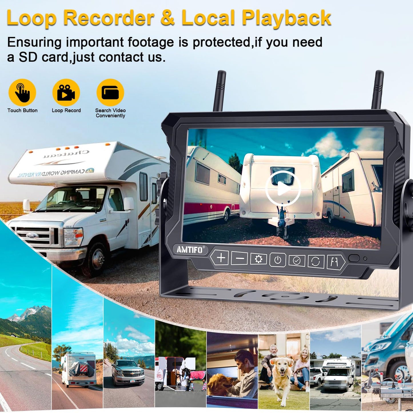 AMTIFO Wireless RV Backup Camera System - 2 HD 1080P Cameras with 7" Split-Screen Monitor,Compatible with Furrion Pre-Wired RVs,Loop Recording,Night Vision,Easy Install for Trailers Campers Trucks