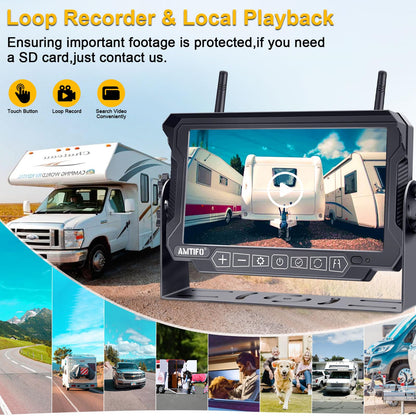AMTIFO Wireless RV Backup Camera System - 2 HD 1080P Cameras with 7" Split-Screen Monitor,Compatible with Furrion Pre-Wired RVs,Loop Recording,Night Vision,Easy Install for Trailers Campers Trucks