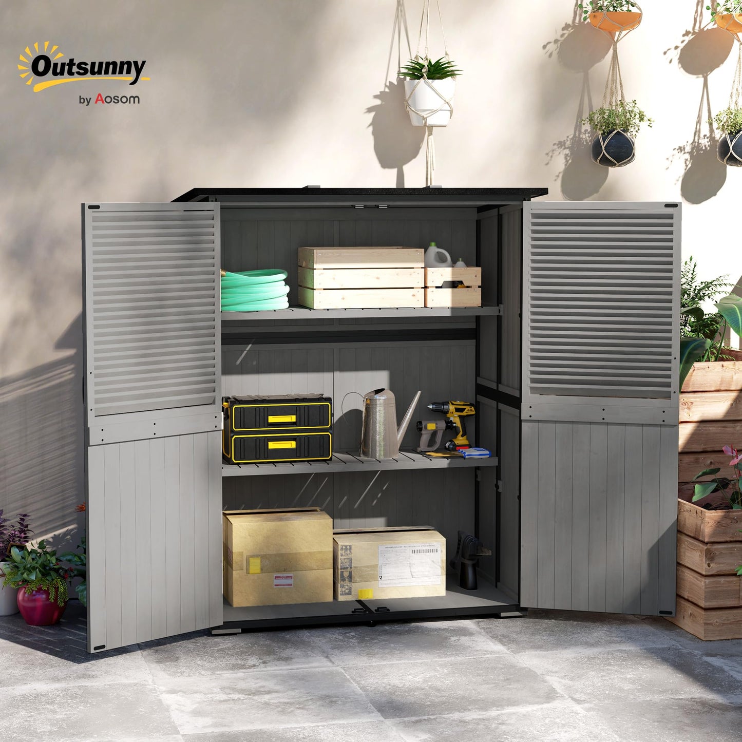 Outsunny Outdoor Storage Cabinet, Wood Garden Tool Shed with Lock, Steel Frame and Asphalt Roof, Garden Storage Shed with Adjustable Shelves and Feet for Patio Backyard Lawn, Gray