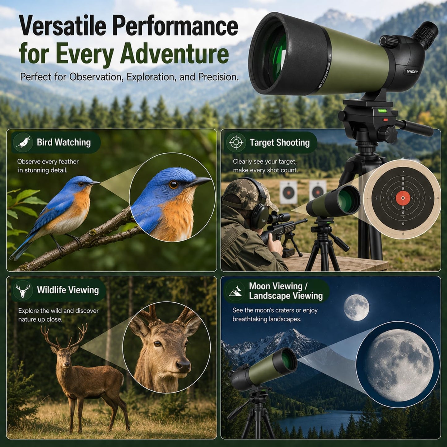 NWDEY Spotting Scope 25-75x80, BAK4 Prism FMC Optics, Waterproof Spotting Scope with Upgraded Tripod, Phone Adapter and Carrying Case for Bird Watching, Target Shooting, Wildlife Viewing