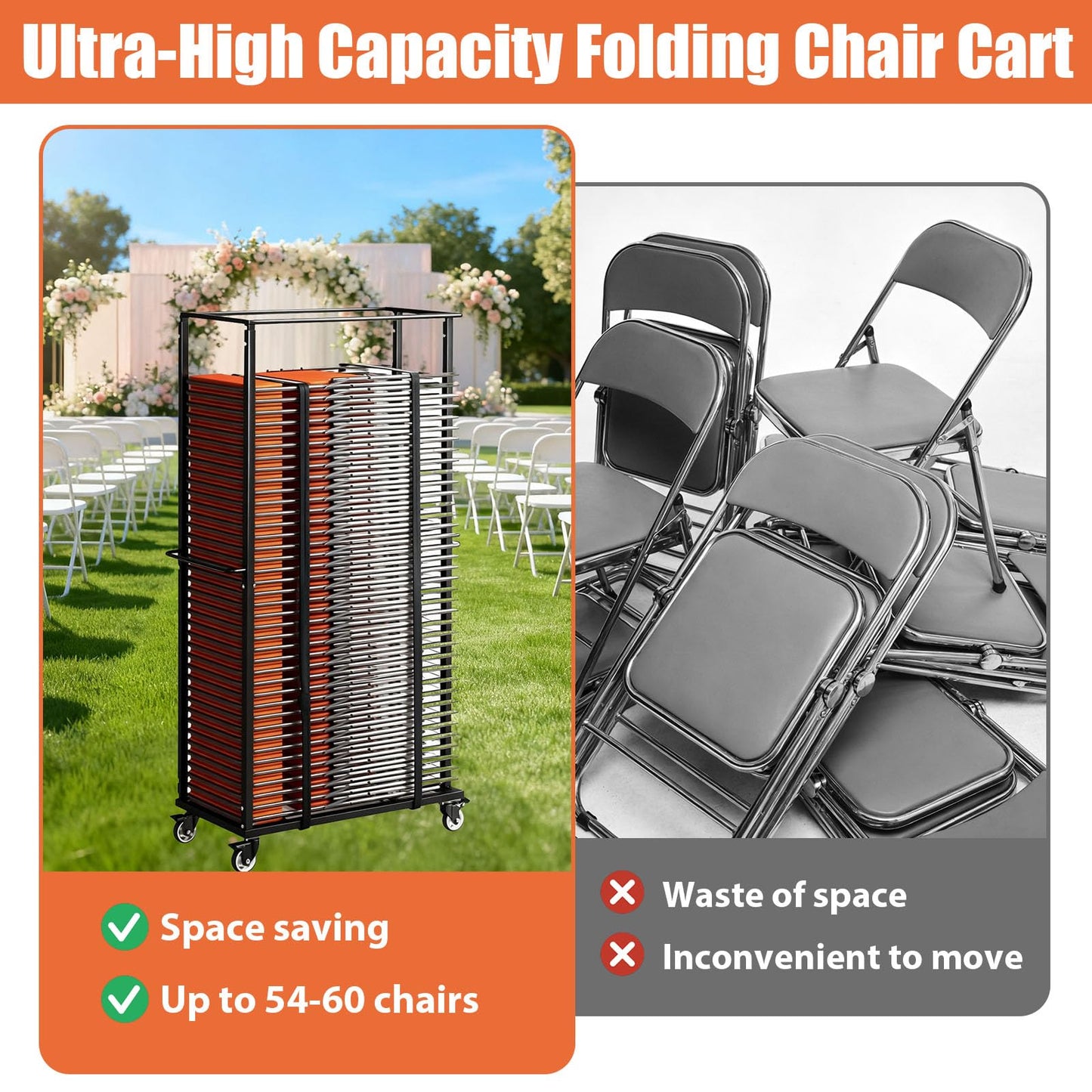 Folding Chair Rack, Folding Chair Cart with Wheels Heavy Duty, 500 LBS Capacity for 60 Chairs Chair and Table Cart w/Dust Cover and 2 Binding Ropes, 80”Lx42”Wx20”H