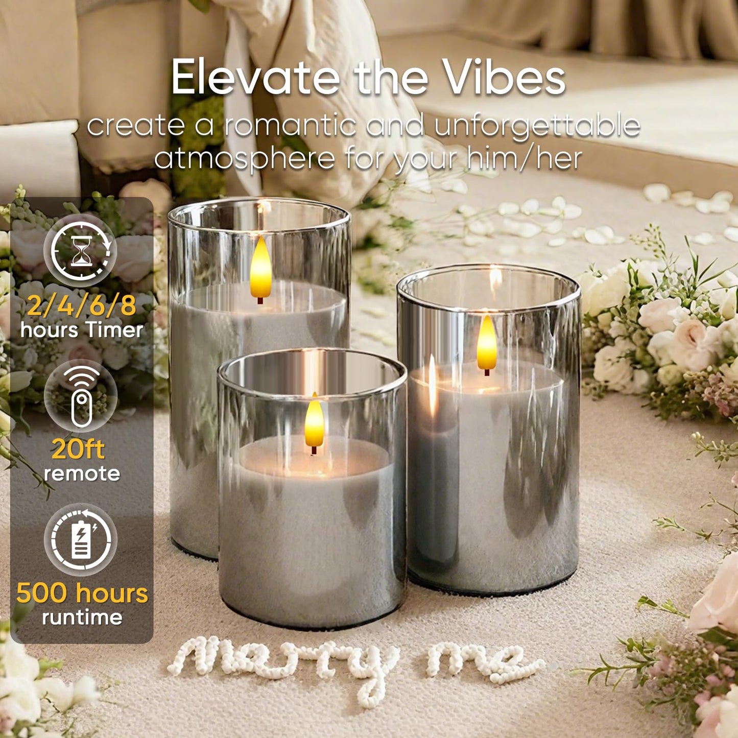 5plots Glass Battery Operated Grey Flameless Candles with Remote Timer, 3D Wick Real Wax Pillar Led Candles Warm Flickering Light for Indoor Home, Halloween, Christmas Decor D3 x H4 5" 6"