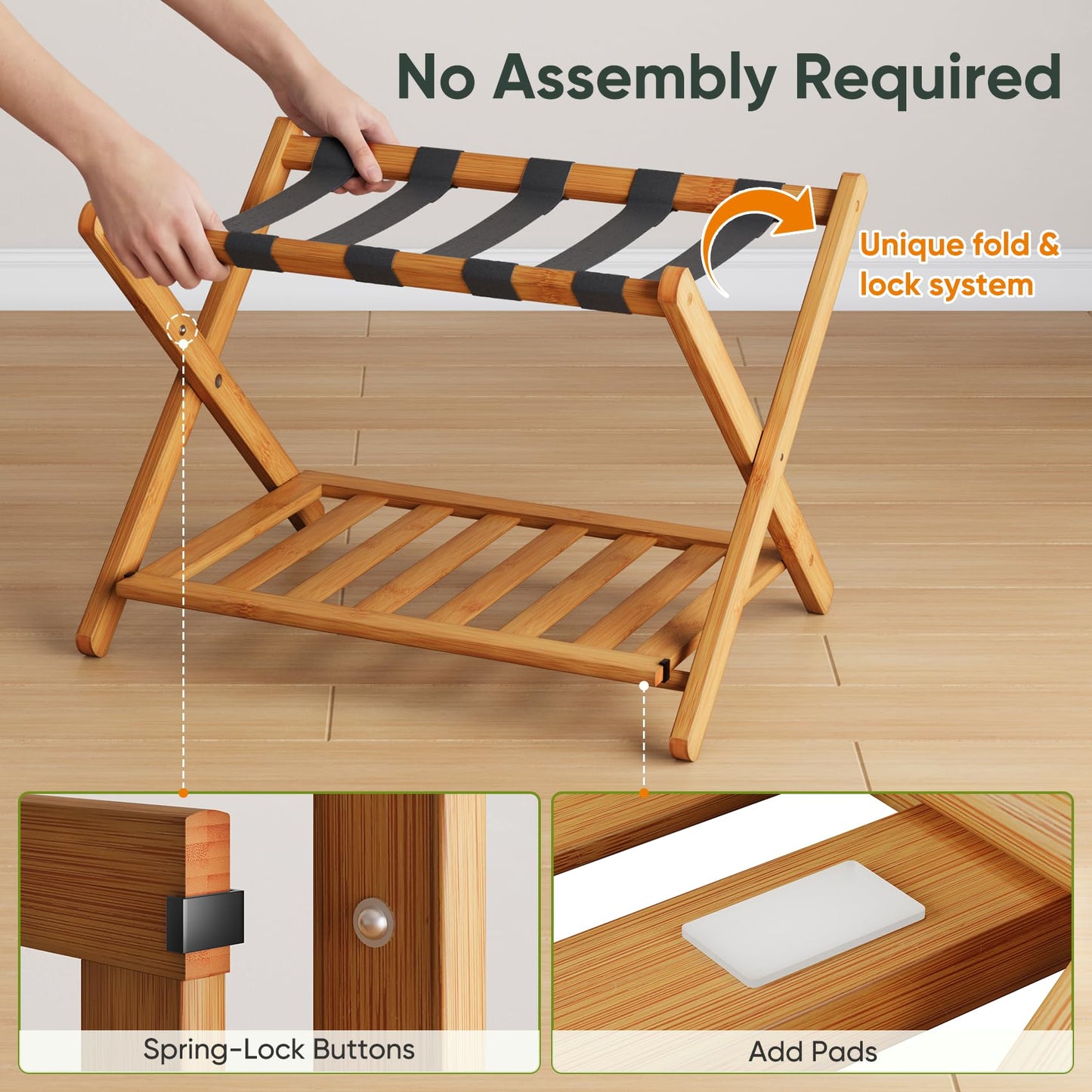 Smart FENDEE Pack of 2 Fully Assembled Bamboo Luggage Racks with Shoe Shelf, 5 Heavy-Duty Straps Folding Suitcase Stand, Luggage Holders for Guest Room Must Haves, Ideal for Bedroom, Hotel, Honey Oak