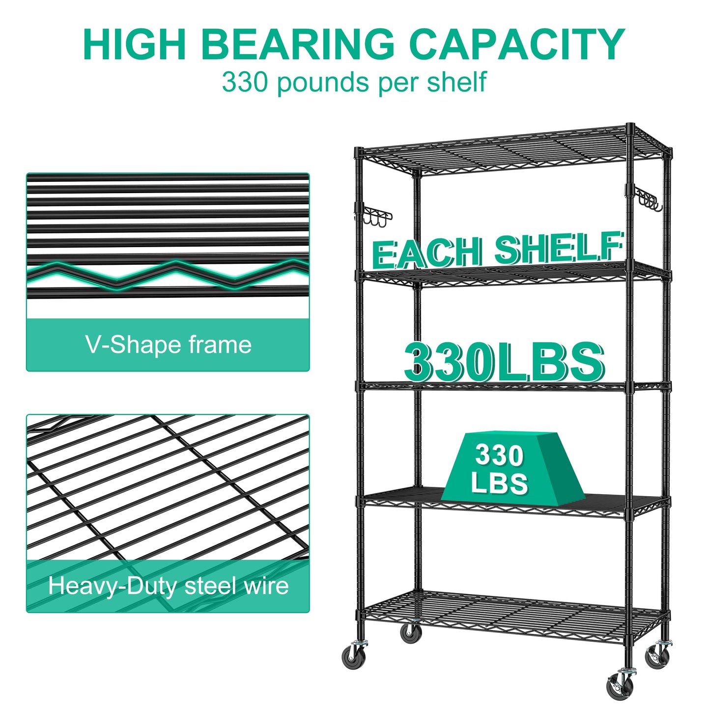 Folews 5 Tier Storage Shelves with Shelf Liner, Metal Shelves for Storage Adjustable Wire Shelving Unit Storage Shelf Organizer for Kitchen Pantry