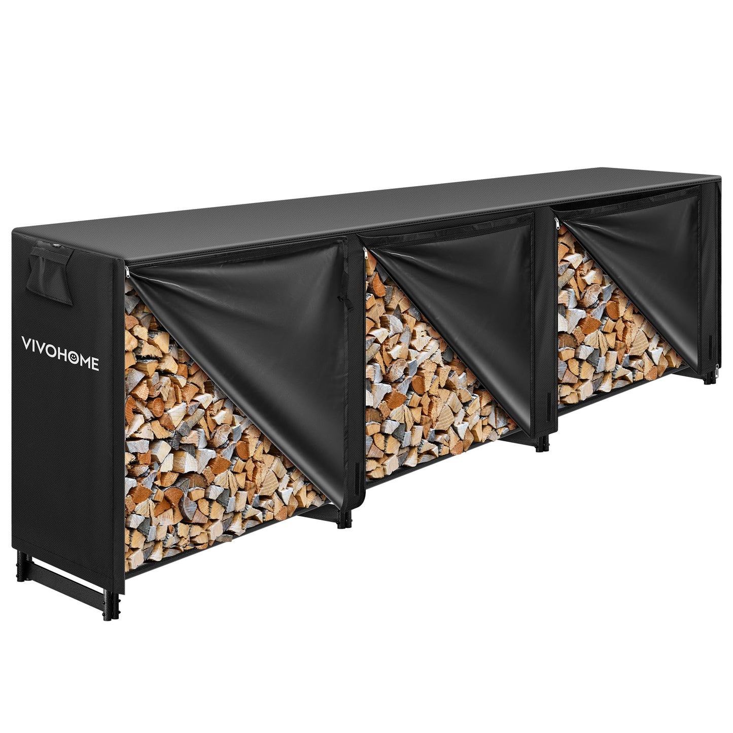 VIVOHOME 12 ft Heavy Duty Firewood Rack Outdoor with Cover, Fire Wood Storage Rack, Log Holder and Cover Combo Set with Zipper, Black
