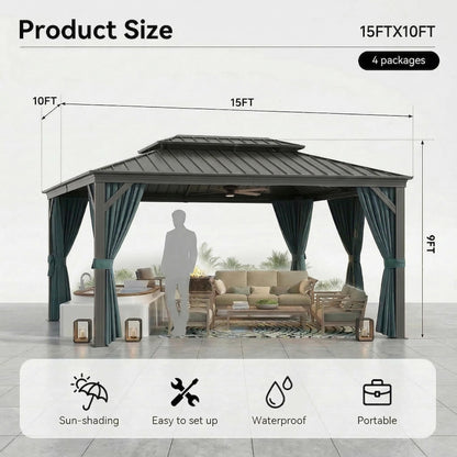 HOTEEL 10x15 Hardtop Gazebo On Clearance with Galvanized Steel Double Roof,Heavy Duty Gazebo with Flame-Retardant Curtain & Netting, Permanent Pavilion Outdoor for Patio, Frame Thickened, Black