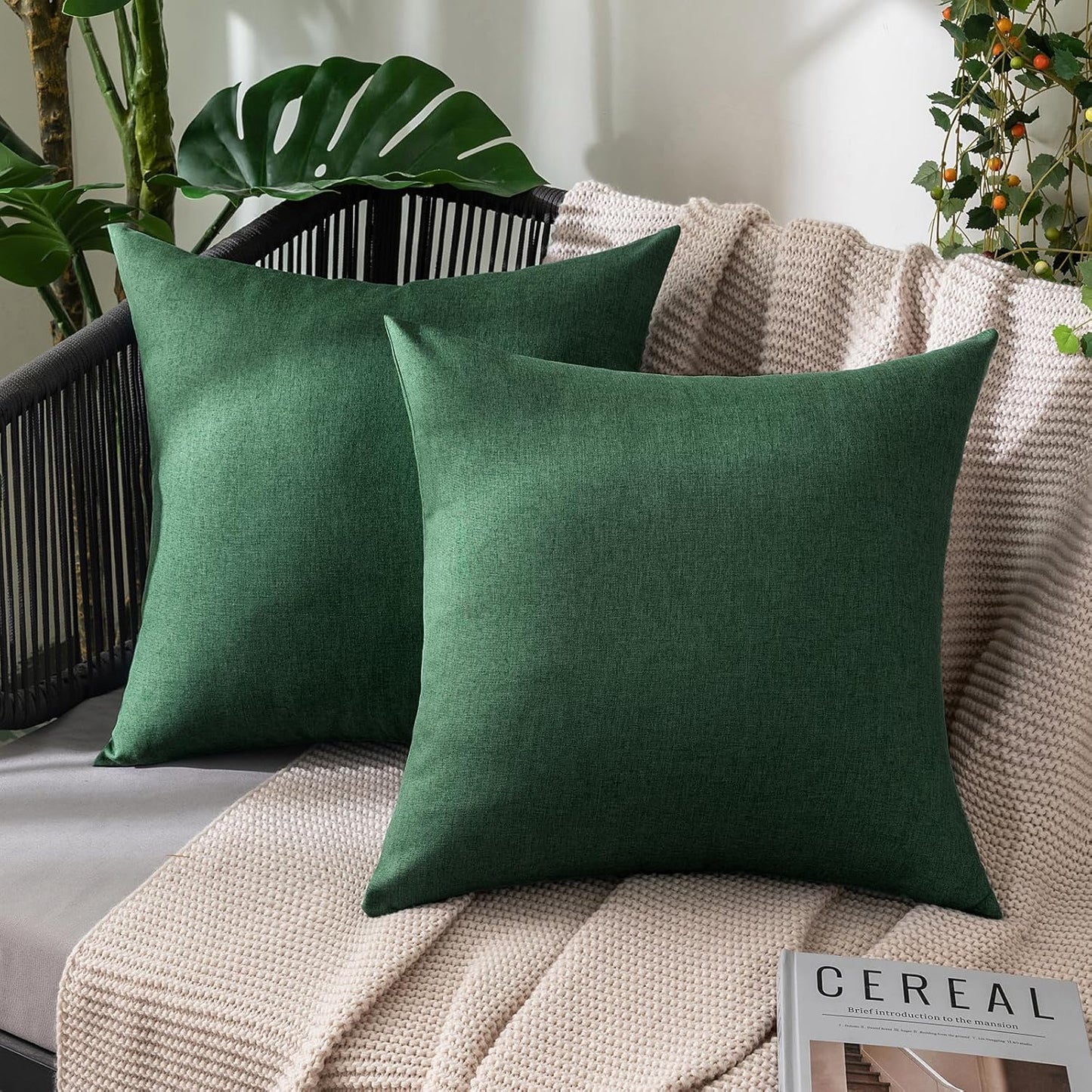 MIULEE Decorative Outdoor Throw Pillow Covers - Waterproof Faux Linen Cushion Cases | 18x18 Inch Emerald Green (Pack of 2)