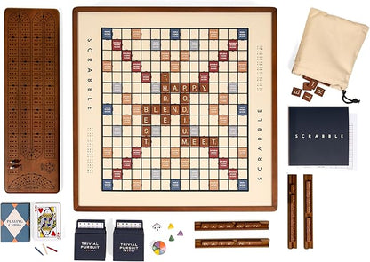 Scrabble Trivial Pursuit and Cribbage 3-in-1 Premium Game Collection by WS Game Company with Rotating Wooden Cabinet Reversible Game Board and Built-in Storage Family Board Games for 2-6 Players