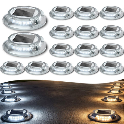 SIEDiNLAR Solar Driveway Lights Outdoor 4 Modes 40 LEDs Deck Driveway Markers Marine Dock Light Waterproof for Walkway Ground Pathway Step Garden Yard, White/Warm Dynamic Lighting (16 Pack)