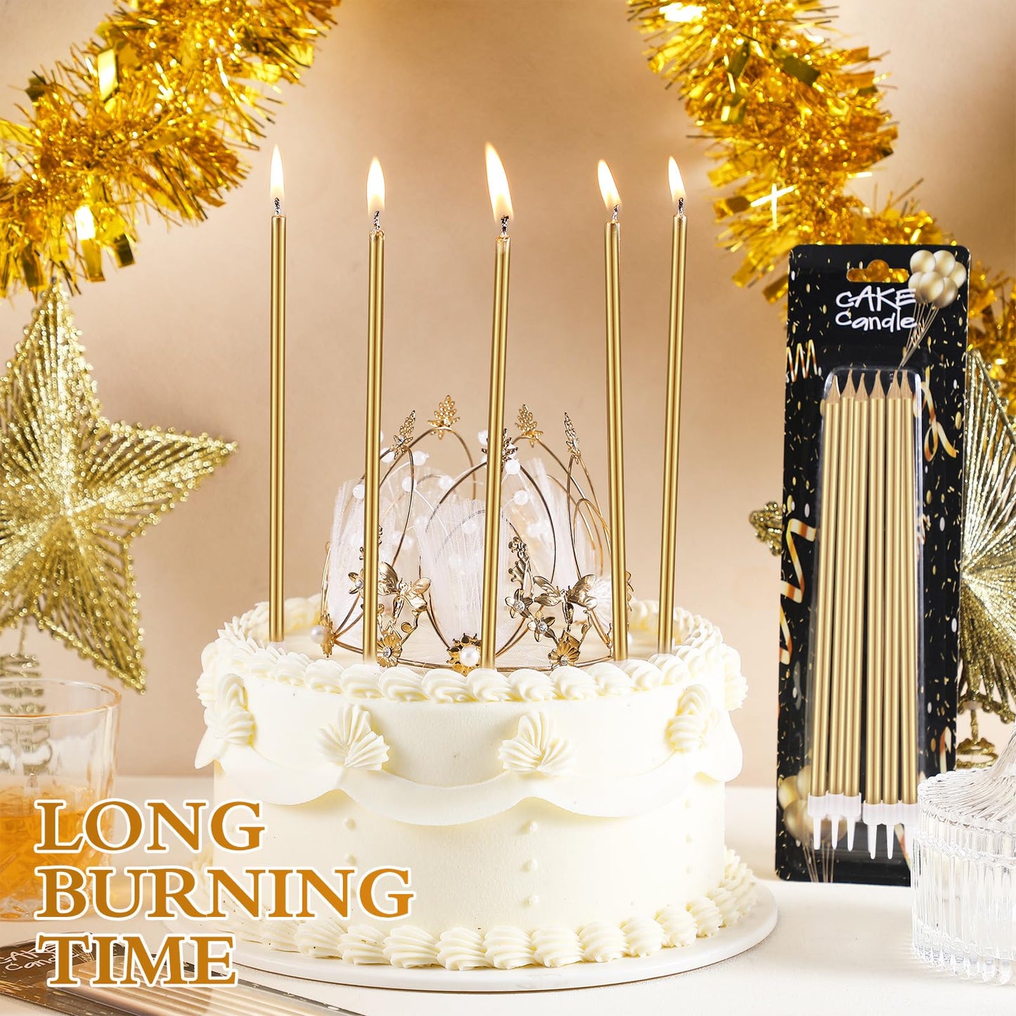 Conelist 30 Pack 8.75 Tall Unscented Champagne Gold Long Birthday Candles for Cake Fancy Thin Cupcake Candle for Birthday Cake Wedding Decorations Party