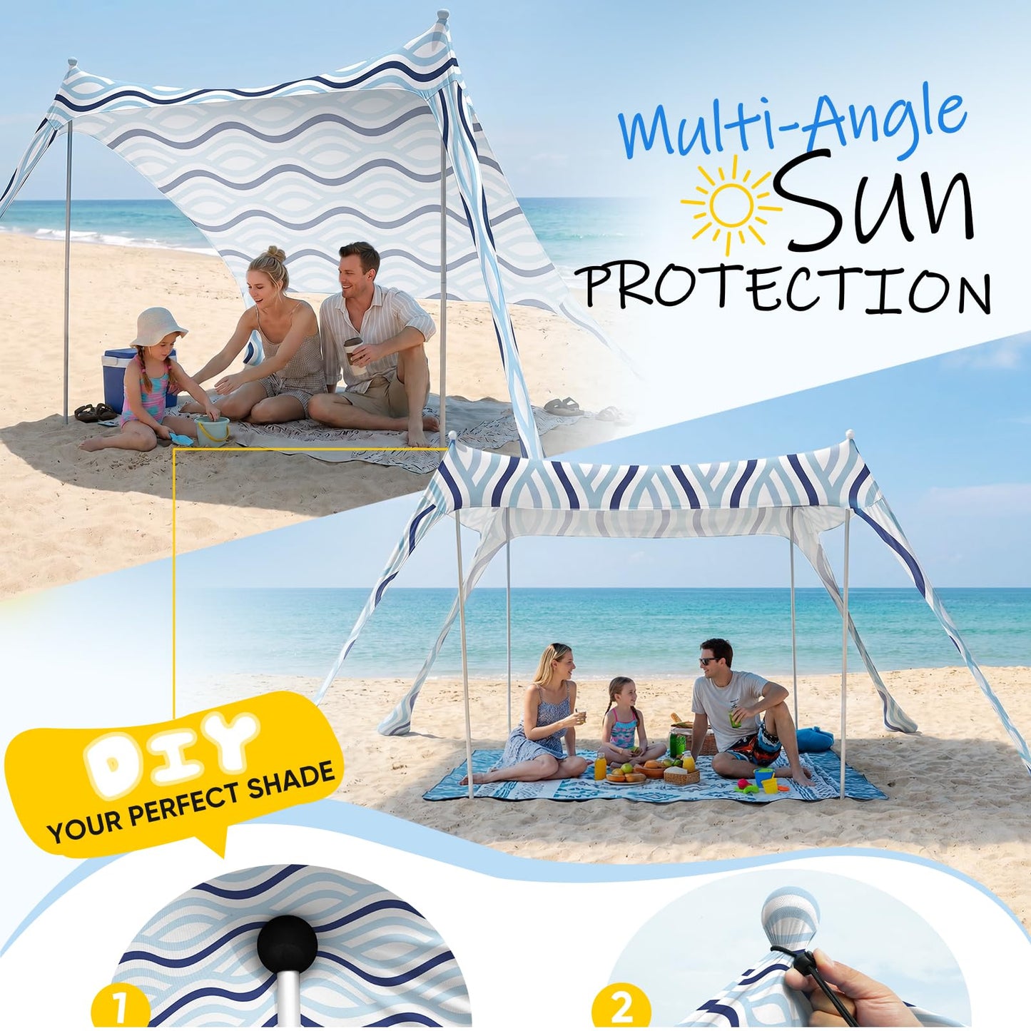 Sekey Aluminum Beach Shade Sun Shelter UPF 50+ - 10x10 FT Portable Beach Canopy with Windproof Rope & Stability Poles, Easy Setup Outdoor Tent for Camping, Backyard, Fishing, Picnics