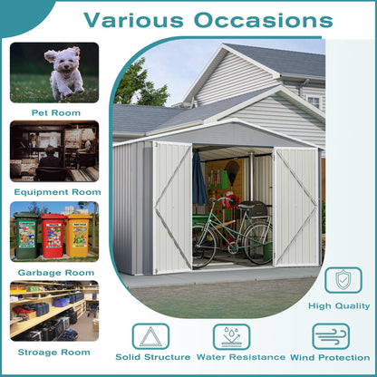 YOPTO 10x12 FT Outdoor Storage Shed with Floor Frame Kit,Metal Shed W/Double Lockable Doors,Garden Tool Storage House W/ 4 Air Vents & Sloped Roof,for Backyard,Patio,Lawn,Gray