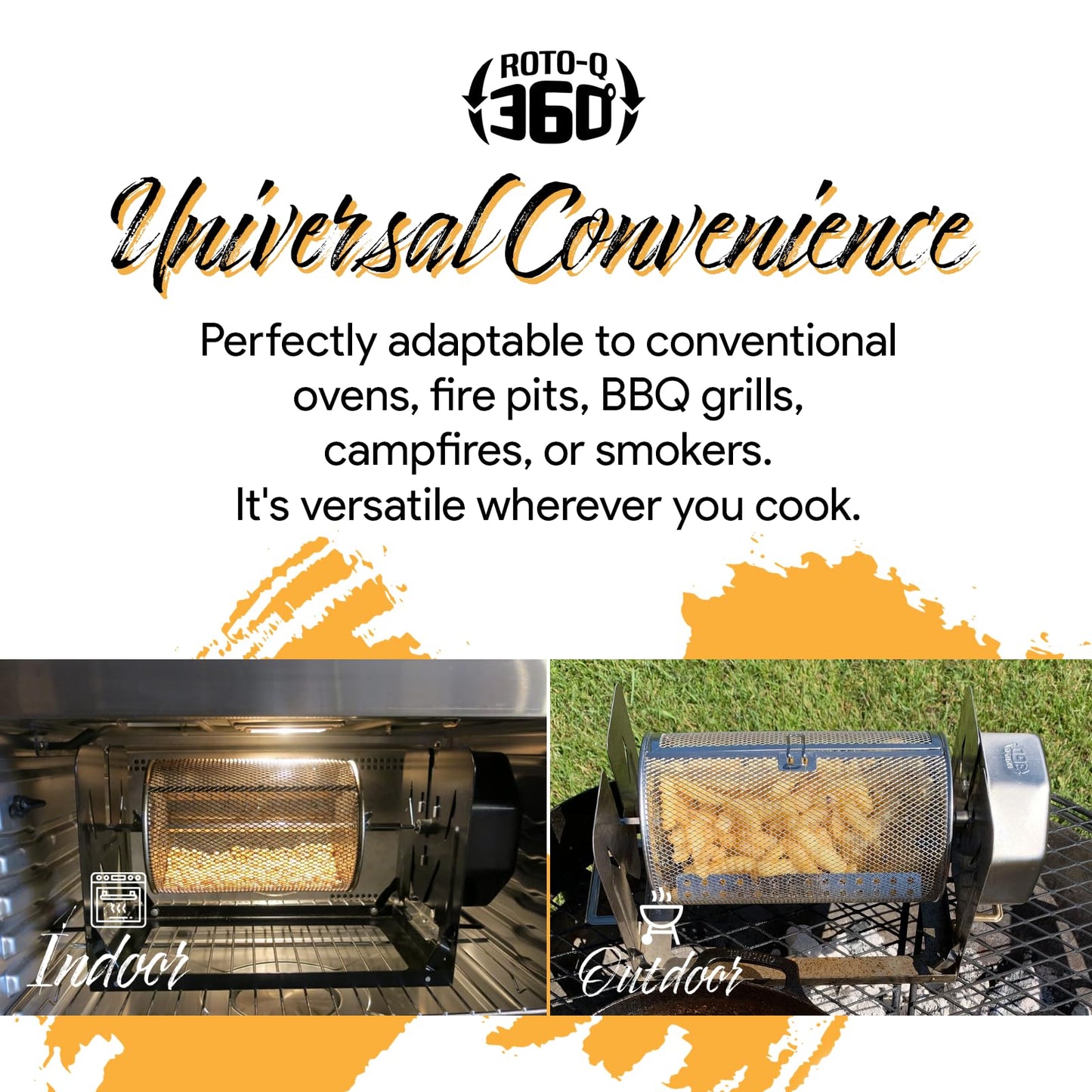 ROTO-Q 360 Cordless Rotisserie Kit w/Tumble Basket - Stainless Steel, Non-Electric - For Grills, Ovens, Smokers - Gas/Charcoal BBQ, Kamado Joe, Green Egg, Kettle - Indoor/Outdoor Use (Black)