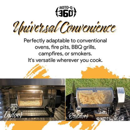 ROTO-Q 360 Cordless Rotisserie Kit w/Tumble Basket - Stainless Steel, Non-Electric - For Grills, Ovens, Smokers - Gas/Charcoal BBQ, Kamado Joe, Green Egg, Kettle - Indoor/Outdoor Use (Black)