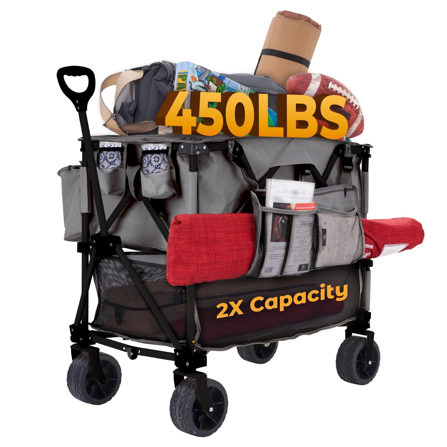 Camphor Designs 400L Collapsible Folding Double Decker Beach Wagon |Heavy Duty Utility Cart Extender|Supports 450lbs|All-Terrain Big Wheels with Breaks for Sports Camping (Grey/Grey)