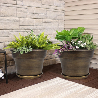 Plant Planters Pots Set of 4 Pack 10 Inch, Plastic Flower Pot For Indoor Plants With Drainage Holes & Trays, Resin Decorative Container Sets With Saucer For House Outdoor Garden Planters Dark Gold