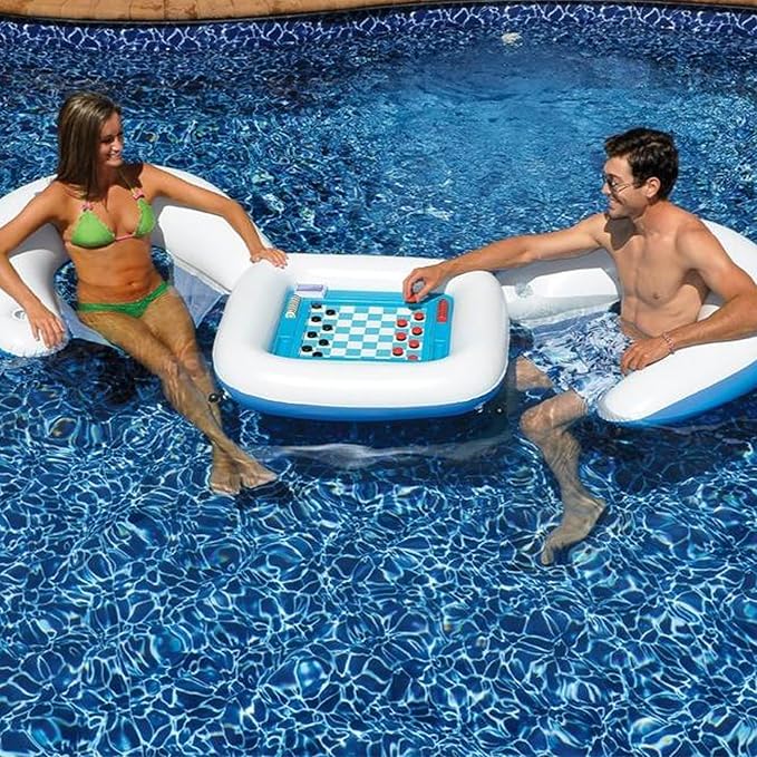 SWIMLINE ORIGINAL Inflatable Game Table Station With Waterproof Playing Cards &amp Two Inflatable Sling Chairs W/ CupHolders | Double Sided Game Set | Poker &amp Card Games | Chess &amp Checkers