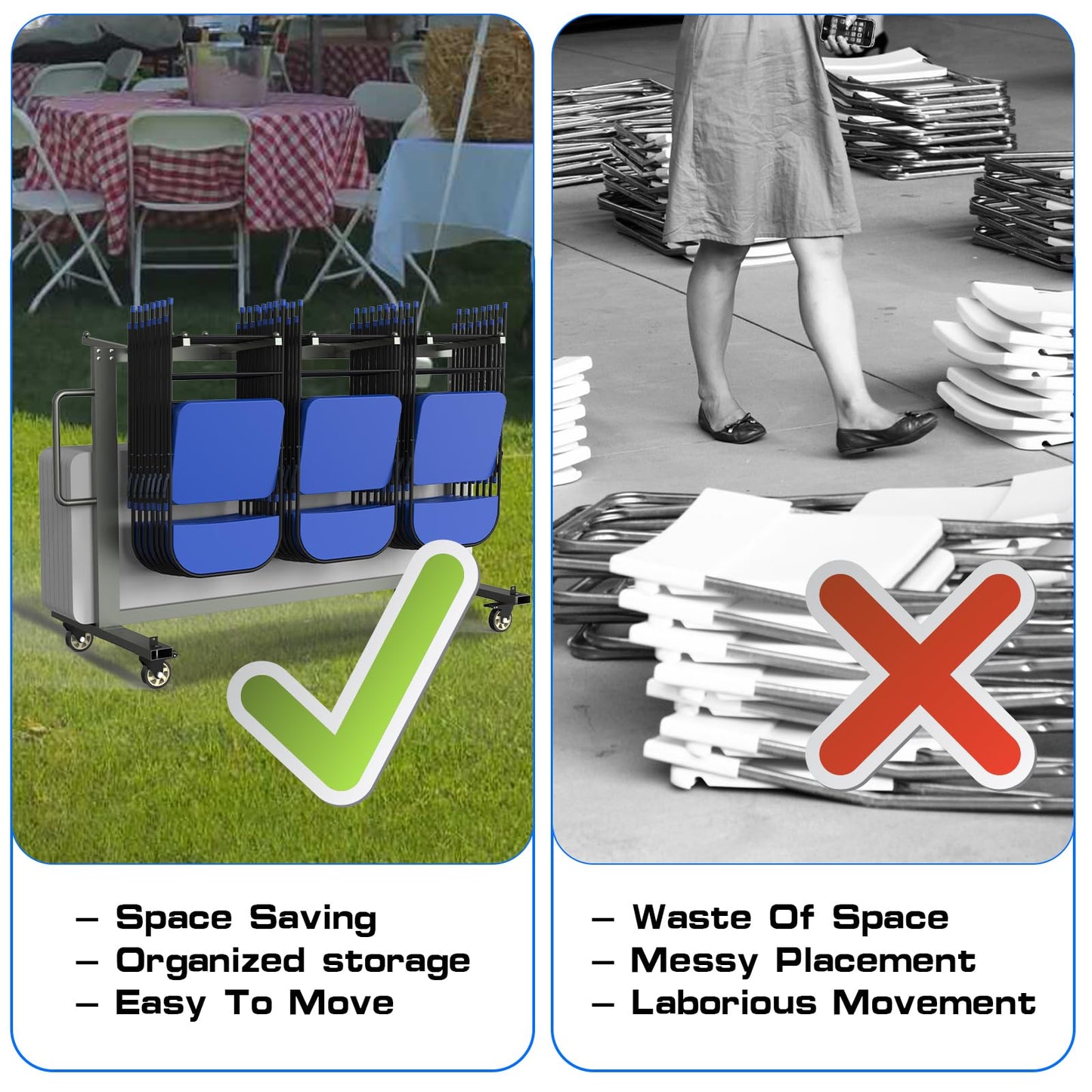 Grey Folding Chair and Table Cart-400LBS Weight Capacity Folding Chair Dolly with 4In Swivel Wheels Make Storing and Transporting Chairs Easy Chair Storage Rack with Straps and Cover to Space Saving