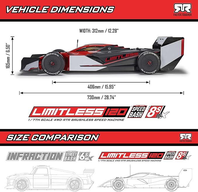ARRMA RC Race Car 1/7 Limitless 120 8S BLX Speed Machine RTR w AVC Red/Black ARA7816T1