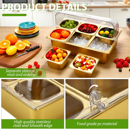 Ziliny Countertop Food Serving Display Container Clear Roll Top Cover 6 Pan Stainless Steel Ice Food Buffet Server Salad Bar Pizza Topping Station Condiment Dispenser Restaurant Kitchen Party(Gold)
