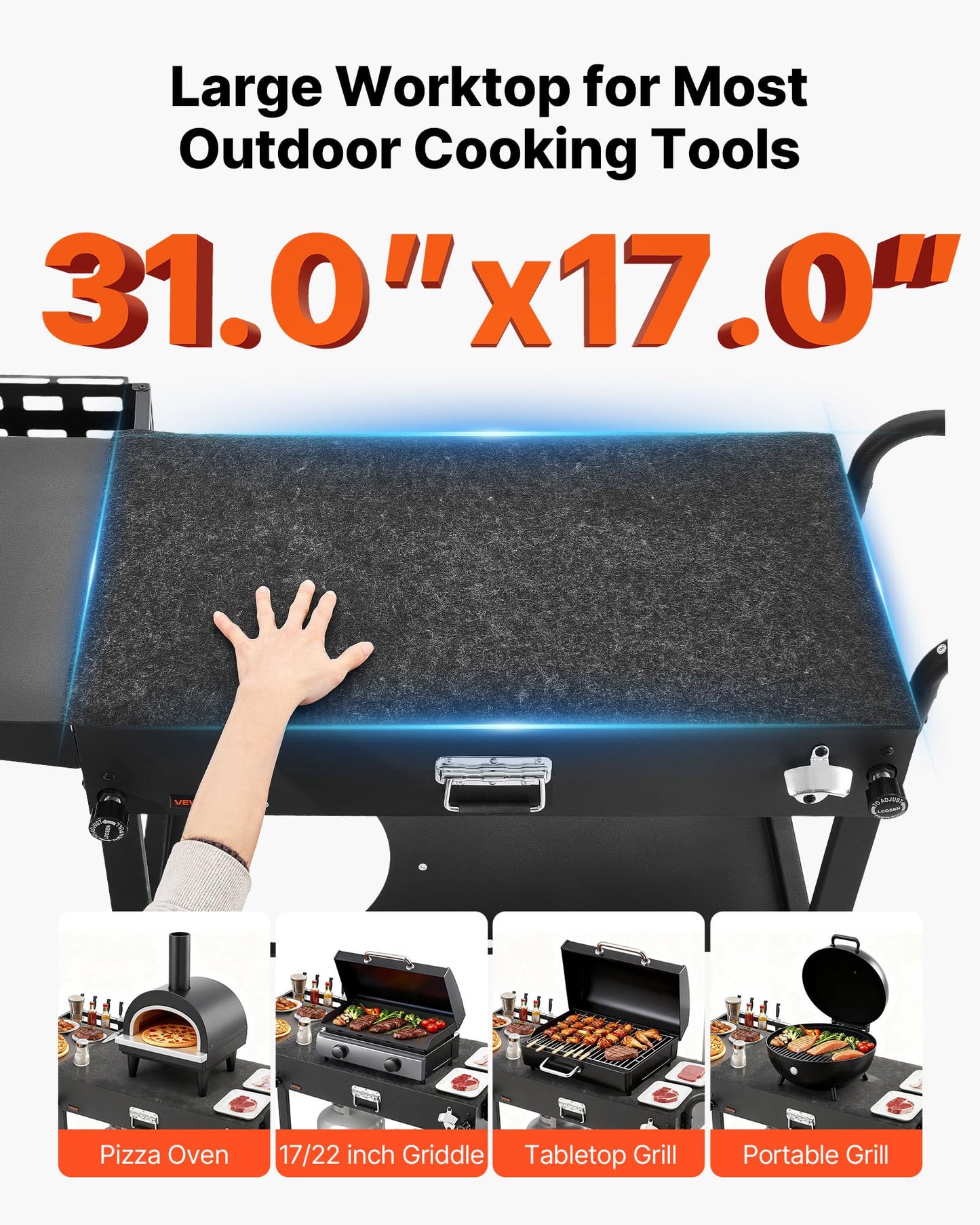 VEVOR Outdoor Grill Cart, 31.0 x 17.0 inch Tabletop Size Grilling Table, Foldable Outdoor Cooking Table with Tissue Holder, Hooks, Wheels, Side Table, BBQ Prep Tables for Picnic, Kitchen, Courtyard