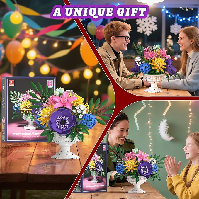 Flowers Bouquet Botanicals Collection Building Sets with Vase Artificial Flowers Arrangement Building Toys Pretty Home Decor Table Decor Birthday Gifts for Women Gf Adults Girls Age 14+ (1081 PCS)