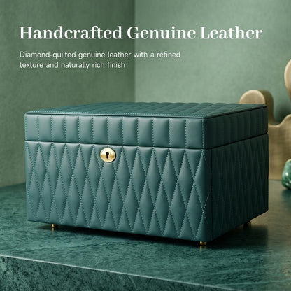 Homruilink Genuine Leather Jewelry Box – 3 Layer Large Jewelry Organizer with Mirror, Lockable Jewelry Box for Women – Necklace, Ring, Earring Organizer with Drawer - Fathers Day Gift for Dad (Green)