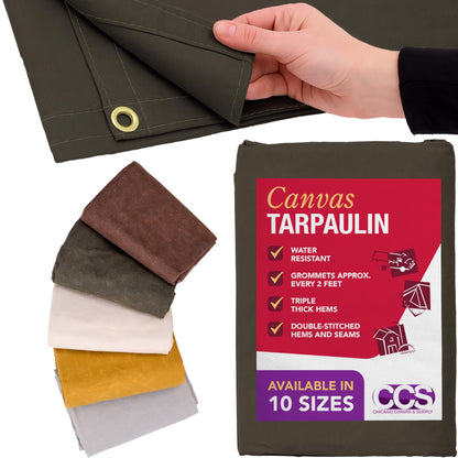 CCS Waterproof Canvas Tarp Cover – Heavy Duty Duck Cloth, Waxed Canvas Tarpaulin with Rustproof Brass Grommets for Camping, Construction, Equipment & Outdoor Use (Olive Drab, 12x14 Ft)