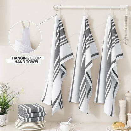 Homaxy Premium Kitchen Towels 18”x 28”, Large Cotton 380 GSM Kitchen Hand Towels, Stripe and Terry Dish Towel, Highly Absorbent Tea Towel Set with Hanging Loop, 6 Pack, Black
