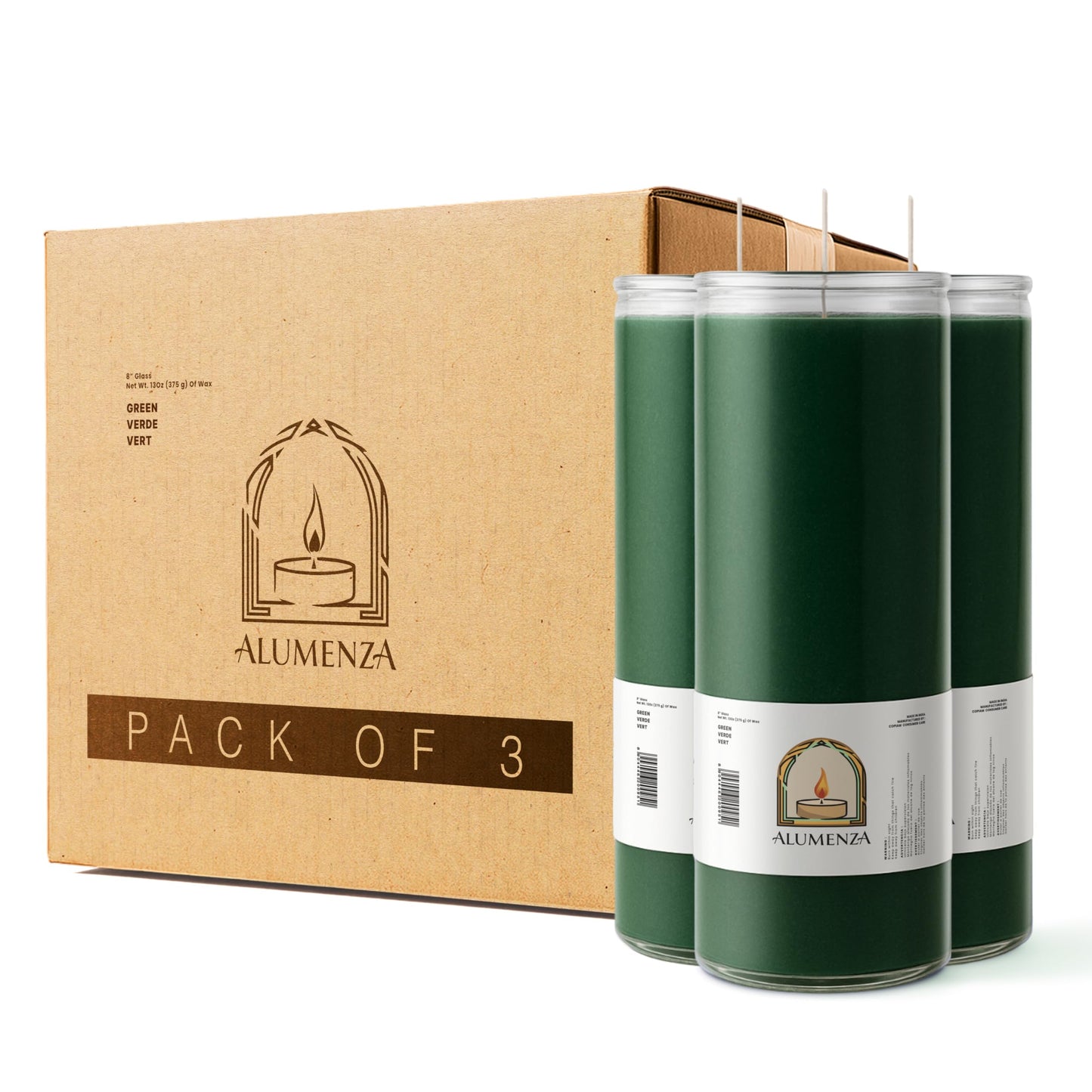 Alumenza 3 Pack Green 7 Day Candles in Glass Jar – Paraffin Wax, Clean Burning Unscented | Large & Tall Devotional Prayer Pillar Candles for Home, Memorial, Spells, Long Lasting