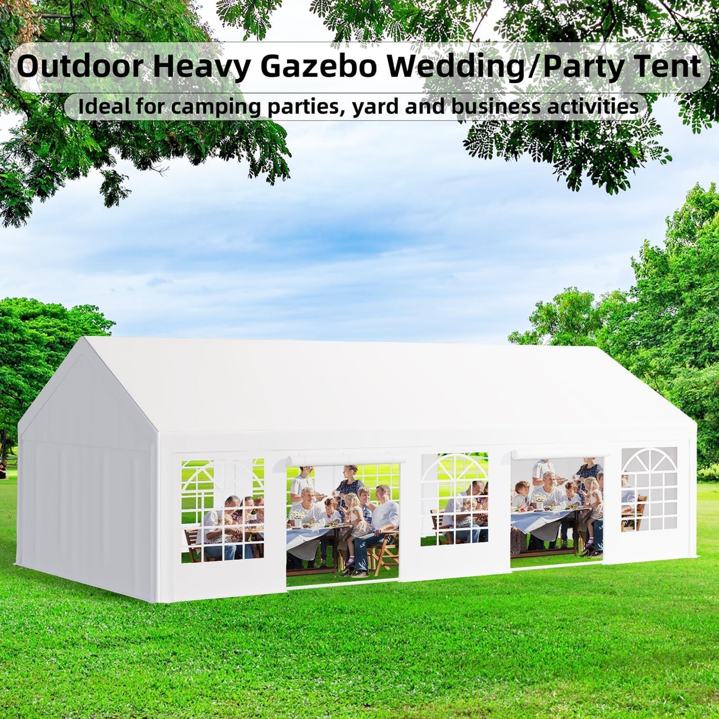 GarveeLife 16x32 ft Outdoor Party Tent Canopy for Weddings & Events - Pavilion with Removable Sidewalls, Waterproof Fabric, Easy Setup, and 3 Storage Bags, White.