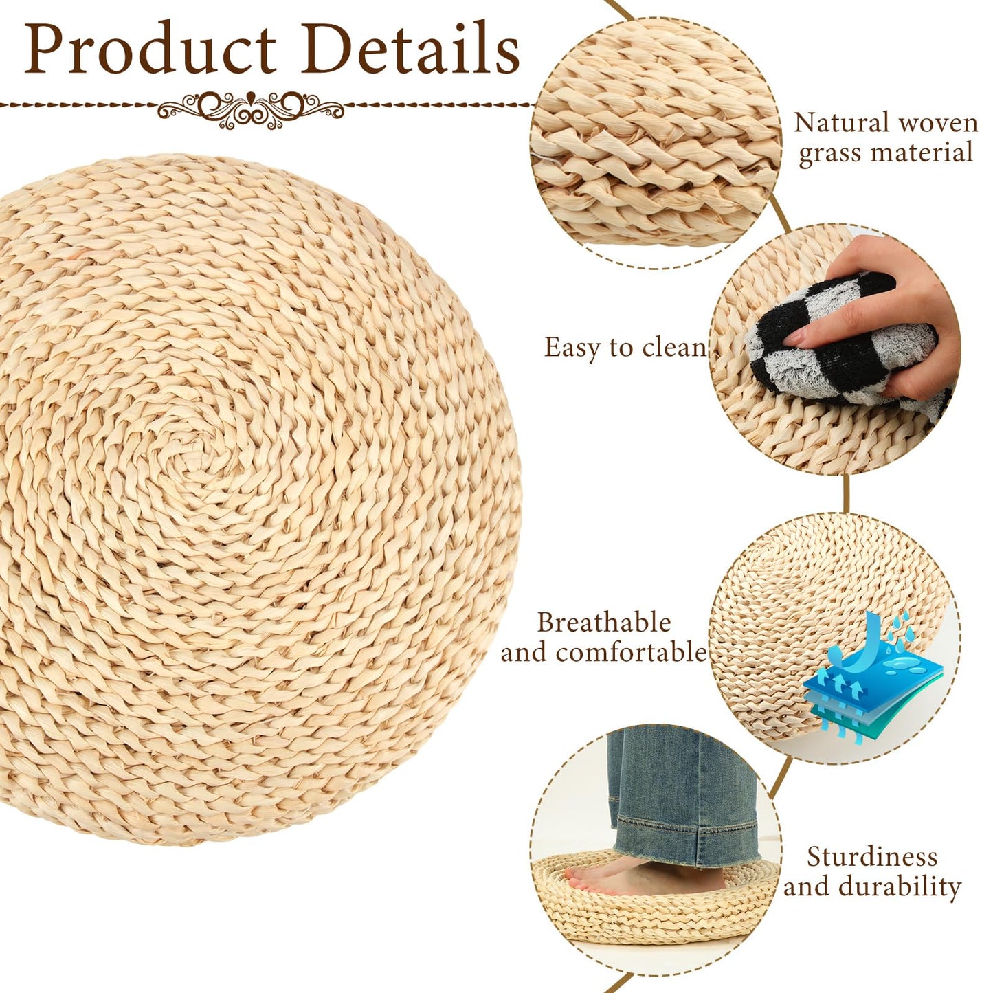 Barydat 8 Pcs Floor Cushions Round Large Pillow Seating Meditation Floor Pillow Boho Natural Woven Seat Cushion Japanese Tatami Cushion for Yoga Room Balcony Chair Pad, 15.75 Inch