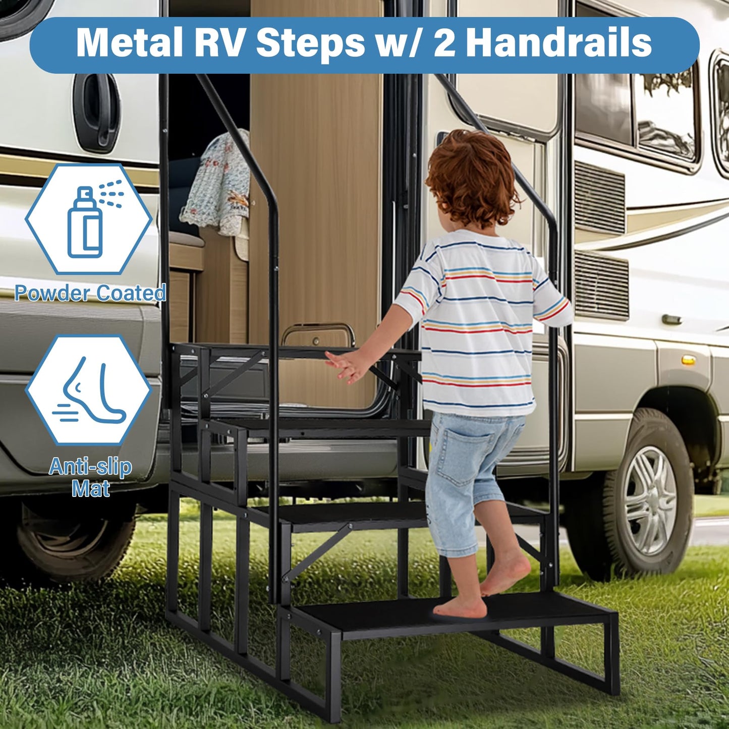 RV Steps with Dual Handrails, 4 Step Spa Hot Tub Steps with Anti-Slip Pedals, 400lbs Load Capacity, Universal Portable Mobile Home Stairs Steps for 5th Wheel RV, Spa, Porch, Pool, Travel Trailers