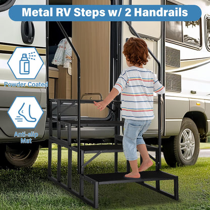 RV Steps with Dual Handrails, 4 Step Spa Hot Tub Steps with Anti-Slip Pedals, 400lbs Load Capacity, Universal Portable Mobile Home Stairs Steps for 5th Wheel RV, Spa, Porch, Pool, Travel Trailers