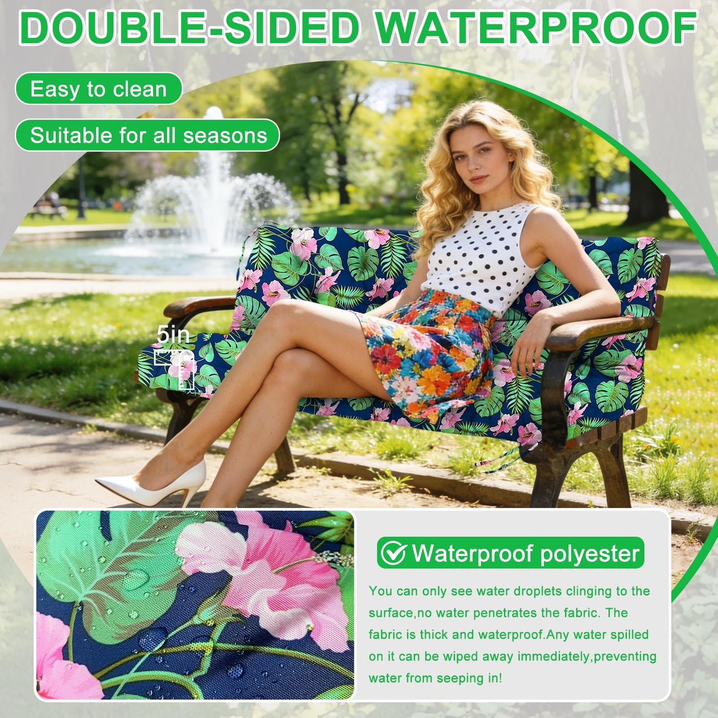 Boaisdus Porch Swing Cushions 48 inch Waterproof & Fade Resistant Thicken 5" Outdoor Swing Cushions 2 Seater Replacement with Backrest & Ties Patio Swing Cushions for Outdoor Furniture (Green Leaves)