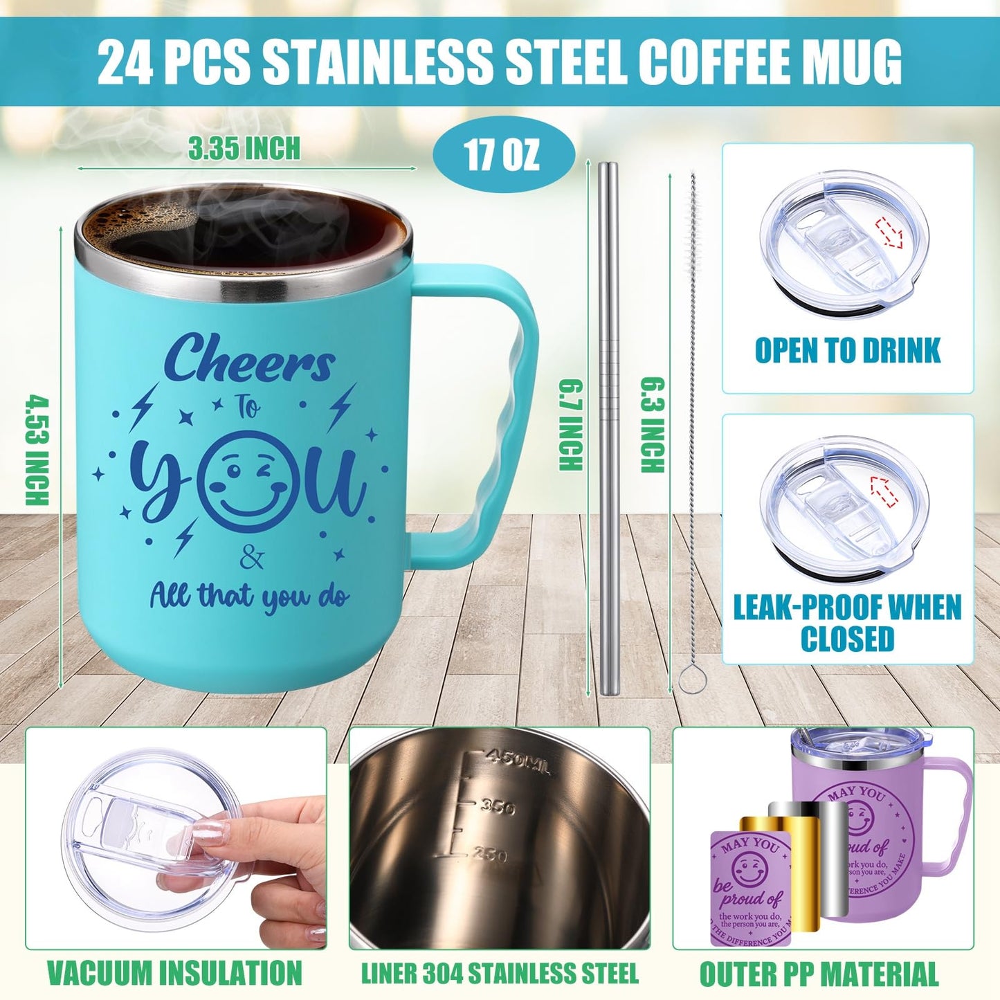 Sieral 24 Pcs CNA Week Employee Appreciation Gift Smile Face Mug Coffee Thank You for Being Awesome 17oz Camping Mug with Handle Vacuum Stainless Steel Insulated Travel Tumbler for Hot Cold Drinks