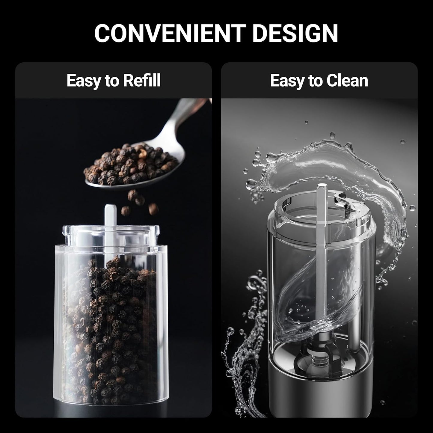 ThermoMaven Electric Salt and Pepper Grinder Set - Rechargeable 110ml Mill with 6 Coarseness Levels | Black, 2-Pack