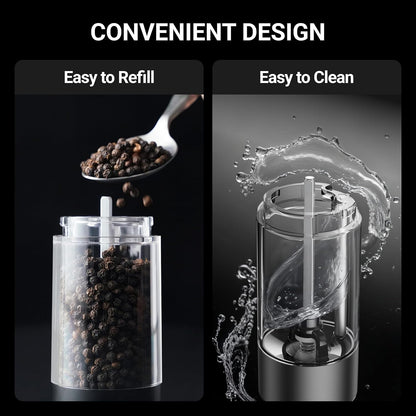 ThermoMaven Electric Salt and Pepper Grinder Set - Rechargeable 110ml Mill with 6 Coarseness Levels | Black, 2-Pack