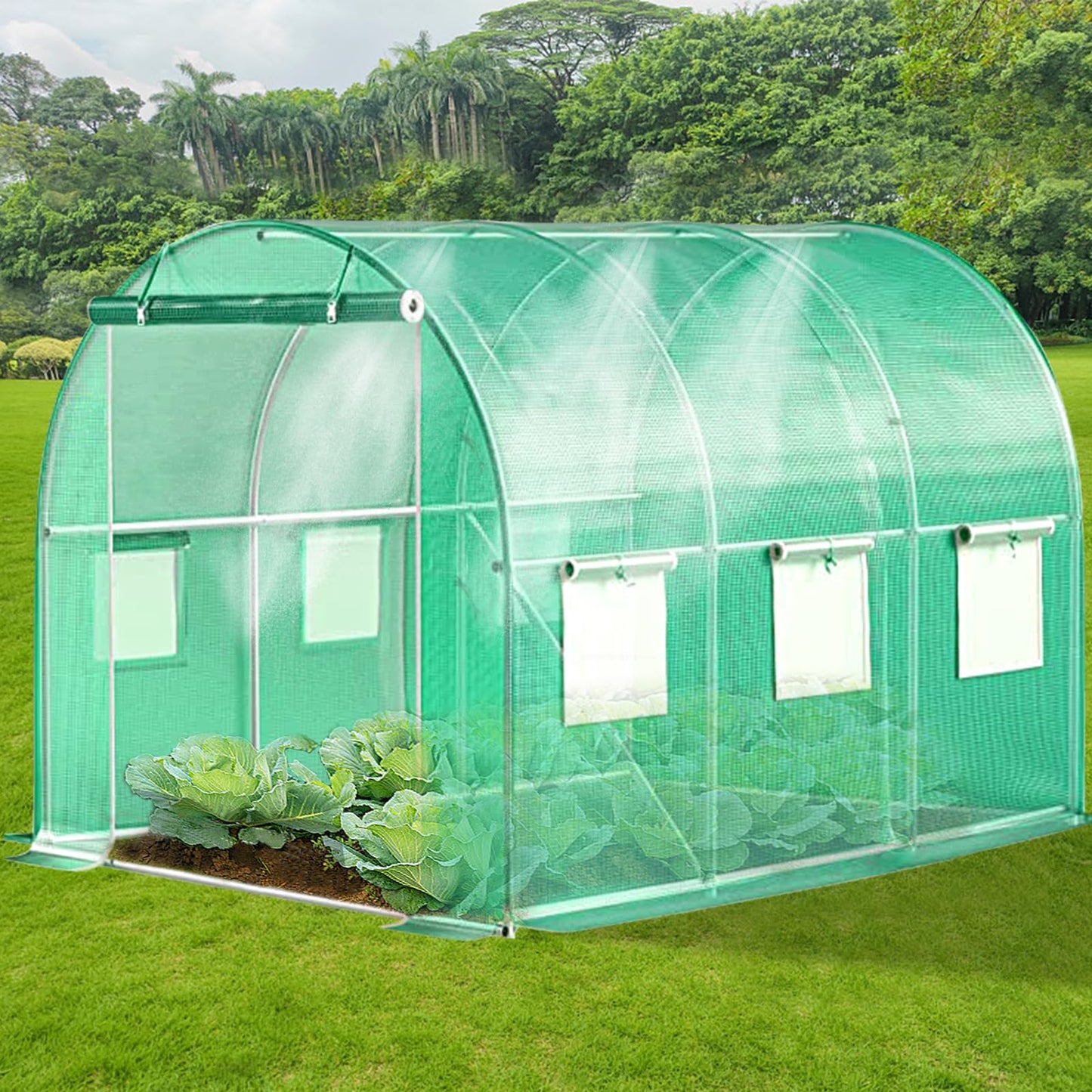 KANAGAWA 10'x7'x 7' Walk-in Tunnel Greenhouse with Watering System Heavy Duty Portable Green House Protect Gardening Plants 1 Zipper Mesh Door, 6 Roll-up Windows, Thickened galvanised Steel,Green