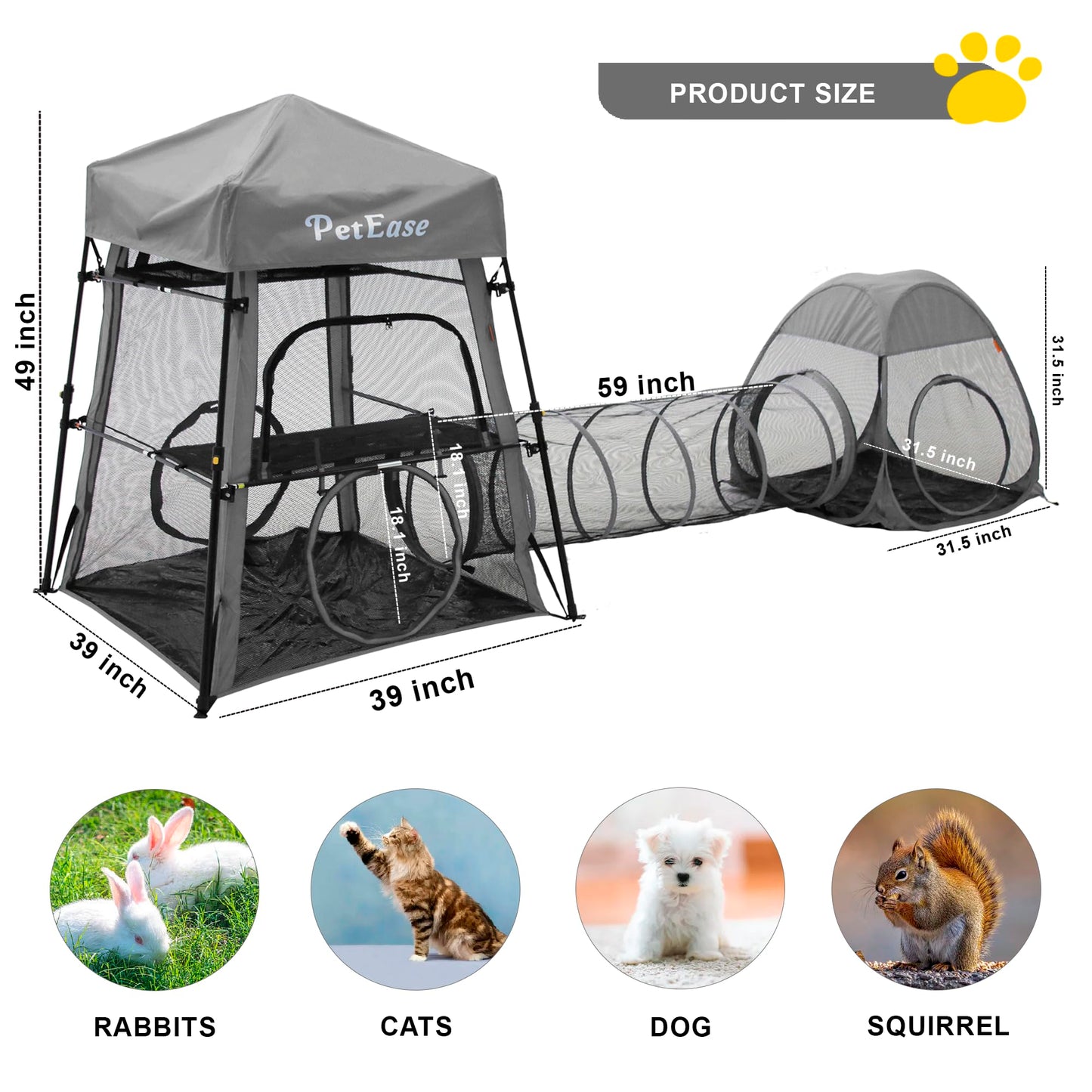 Catio Outdoor Cat Enclosure, 3-in-1 Extra Large Portable Cat Playpen with Tower Tent & Tunnel, Foldable Waterproof Mesh Catio for Indoor Outdoor Cats & Small Pets