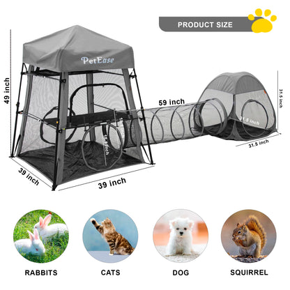 Catio Outdoor Cat Enclosure, 3-in-1 Extra Large Portable Cat Playpen with Tower Tent & Tunnel, Foldable Waterproof Mesh Catio for Indoor Outdoor Cats & Small Pets