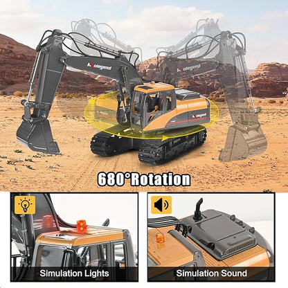 kolegend 3 in 1 Remote Control Excavator Toy 1/14 Scale RC Excavator 15 Channel Upgrade Full Functional Construction Vehicles with Tools Metal Breaker and Electric Gripper(Yellow/Black)